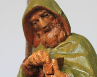 Vintage Rustic Ferryman Figurine. Paper Mache Figure, Green Cloak, Long Ax, Lantern, Counting Money, Mystical, Mythology, Grandmacore Mantel