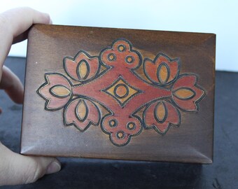 Vintage Wooden Polish Box. Rectangle Shape, Red and Yellow Diamond Design, Hinged Lid, Grandmacore Vanity, Housewarming, Hostess Gift.
