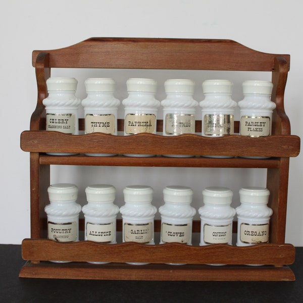 Vintage Spice Bottles And Rack. Milk Glass Bottles, Wooden Wall Rack, Grandmacore Kitchen Ware, Unique Housewarming Gift, Baker, Chef Gift.