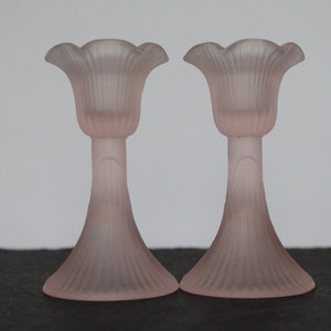 Vintage Frosted Pink Glass Candlestick Holders. Flower Like, Rippled Edges, Grandmacore Mantel Decor, Bougie Housewarming, Hostess Gift.