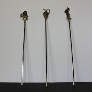 Vintage Old World Metal Skewers. Cast Brass, Steel, Rustic Italian Countryside Farmer, Arabic Man, Urn, Grandmacore Grilling Decor, Gift.