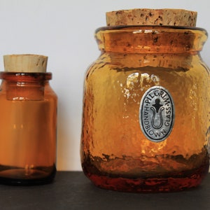 Pilgrim Glass Corked Jar For Vintage Kitchen Decor. Amber Yellow Glass Bottle, Set Of 2, Herbs And Spices Storage, Housewarming Hostess Gift