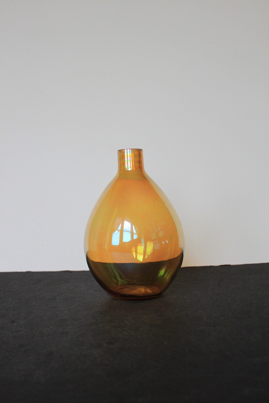 Vintage Amber Iridescent Glass Bottle. Tear Drop Shaped Bottle, Unique