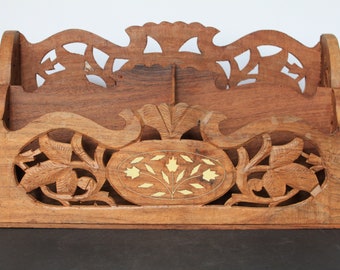 Vintage Carved Wooden Desk Organizer. Made In India, Hand Carved Wood, 3 Sections, Inlaid Designs, Office Worker Gift, Housewarming, Hostess