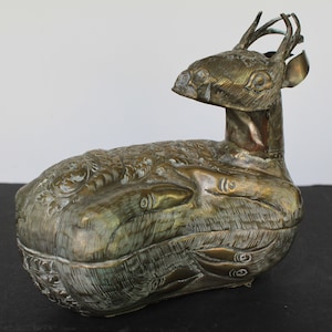Vintage Brass Deer Container. Exotic Mantel Decor. Cambodian Betel Box, Stash, Trinket Box, Chased Metal, Intricate, Bougie Grandmacore Gift