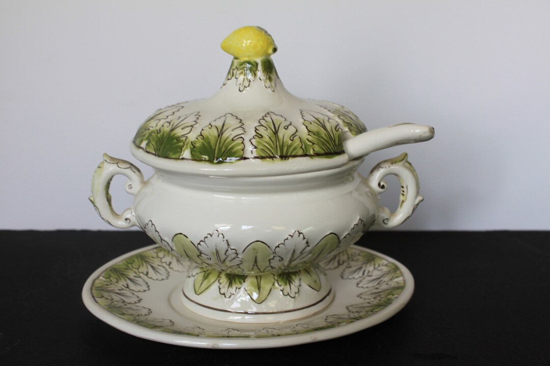 Vintage Lemon Tureen With Ladle. Ceramic Bowl With Lid and Plate