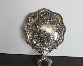 Vintage Ornate Repousse Flower Hand Mirror. Bougie Vanity Decor, A Monogram, FINISH WEAR, Grandmacore Housewarming, Hostess, Collector Gift.