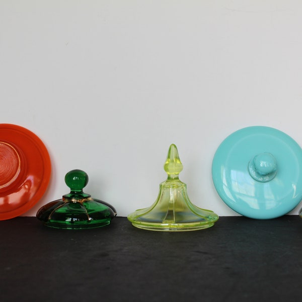 Vintage Lid. Glass, Ceramic, Replacement Lid, CHOOSE, Yellow Uranium, Orange, Green, Blue, Small Merry Mushroom, Container, Canister Lid.