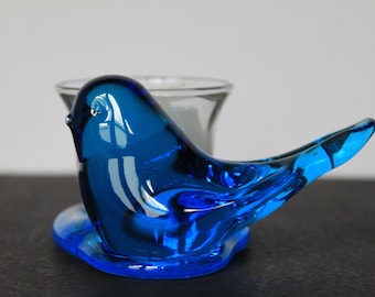 Bluebird Of Happiness Candle Holder For Vintage Spring Mantel Decor. Cute Little Blue Glass Bird, With Votive Holder, Housewarming, Hostess.