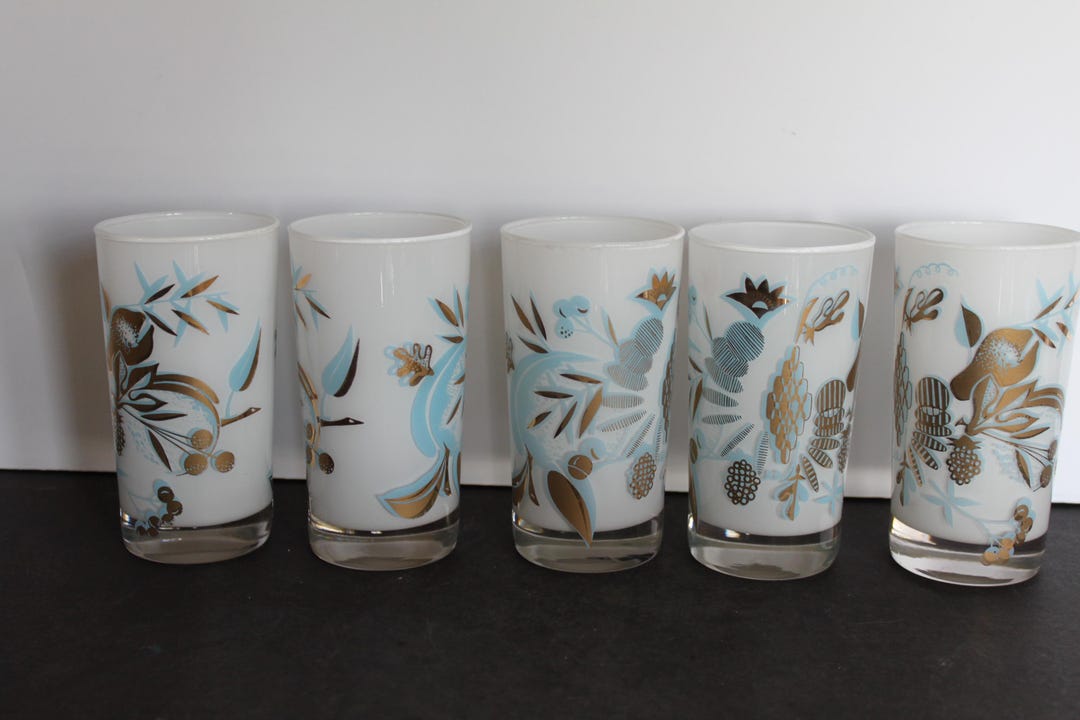 Unique Sinclair Vintage Blue and Gold Glass Tumblers. Set of 5, Tropical Fruit ...