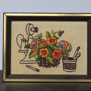 Vintage Embroidered Flower Picture. Retro Pansies On Desk, Old Fashioned Telephone, Grandmacore Decor, Spring Entryway, Housewarming, Host.