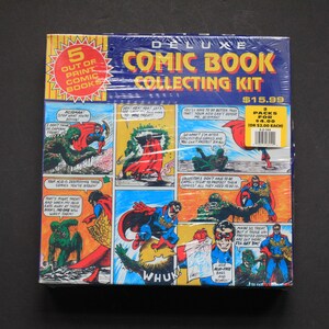 May include: A colorful comic book collecting kit with a blue background and the text "Deluxe Comic Book Collecting Kit" and "5 Out of Print Comic Books". The kit includes 2 packs of comic books for $4.00 each.