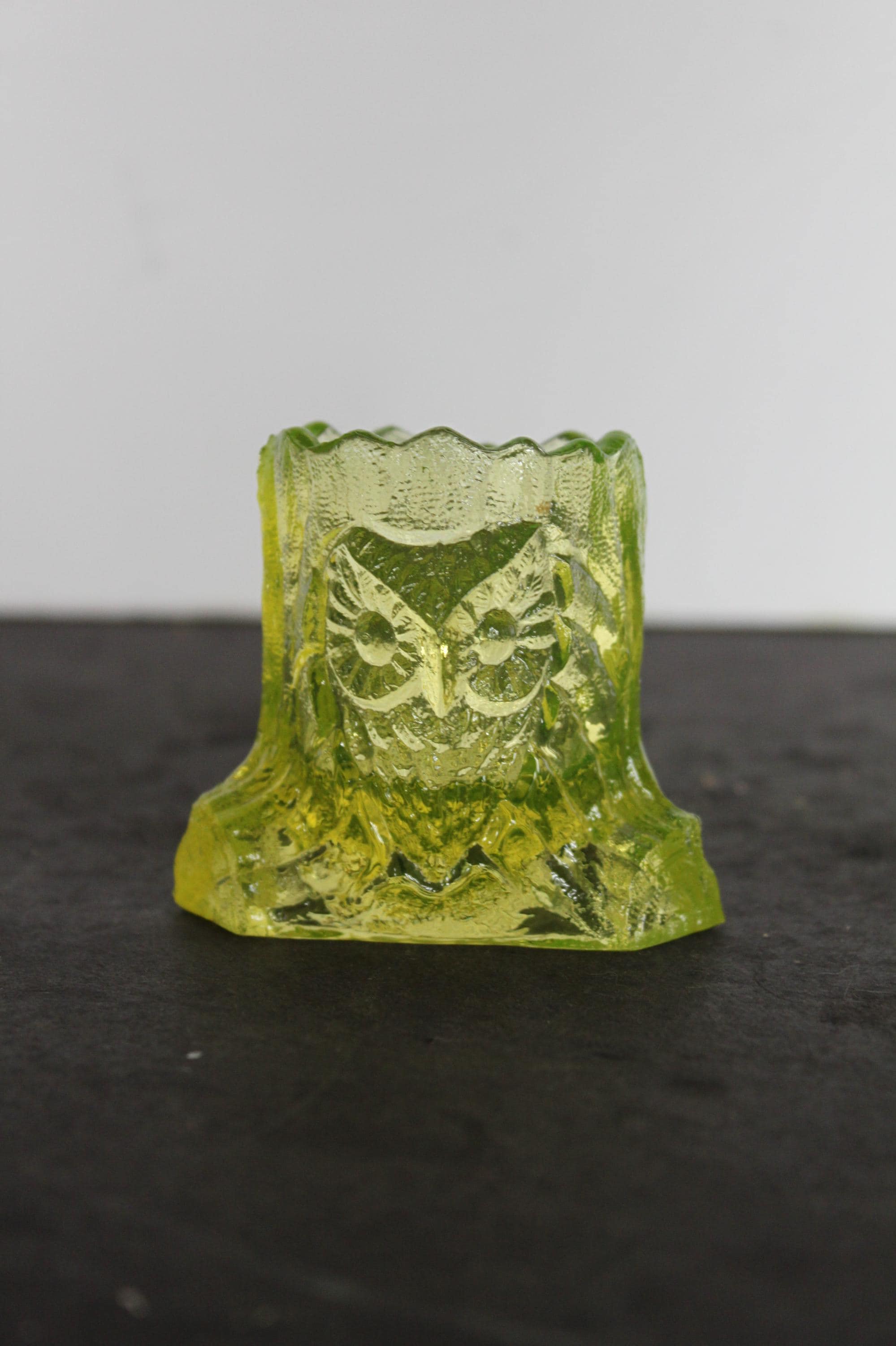 Vintage Uranium Glass Owl Toothpick Holder. Owl and Stump, Unique