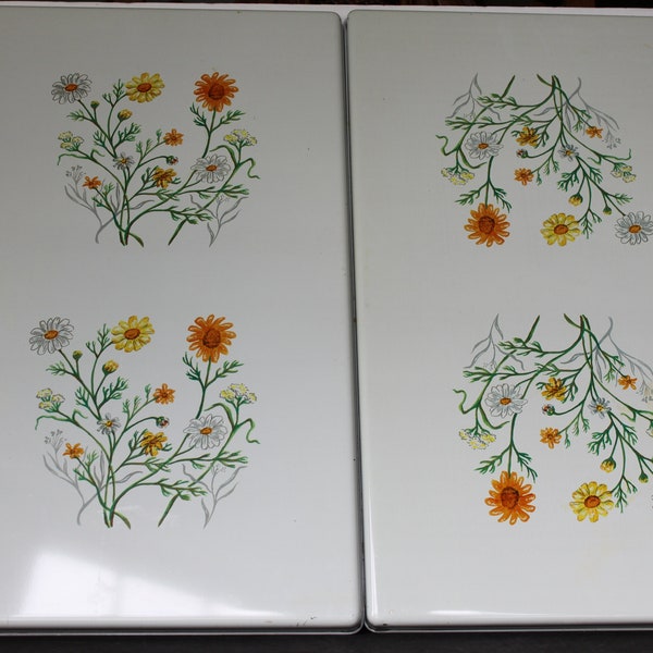 Vintage Floral Stove Burner Covers. Set Of 2, Metal, Slight Scratches, Orange, Yellow White Daisies, Cottagecore Kitchen Ware, Gardener Gift