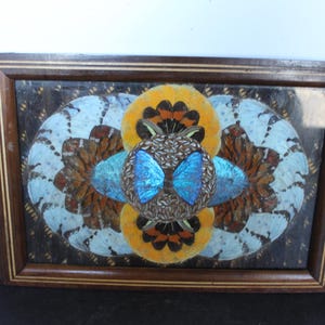 May include: A rectangular wooden serving tray with a decorative butterfly design. The tray features a dark wood frame and handles, with a central design of blue, orange, and brown butterfly wings.