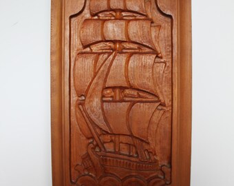 Vintage Carved Wooden Ship Plaque. Large Size, Hand Made, Nautical Bar Decor, Housewarming, Hostess, Gift For A Collector.