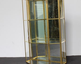 Vintage Brass And Glass Display Case. Hanging Wall Decor, 6 Sided, Latching Door, 2 Shelves, Mirror Back, Elegant Housewarming, Hostess Gift