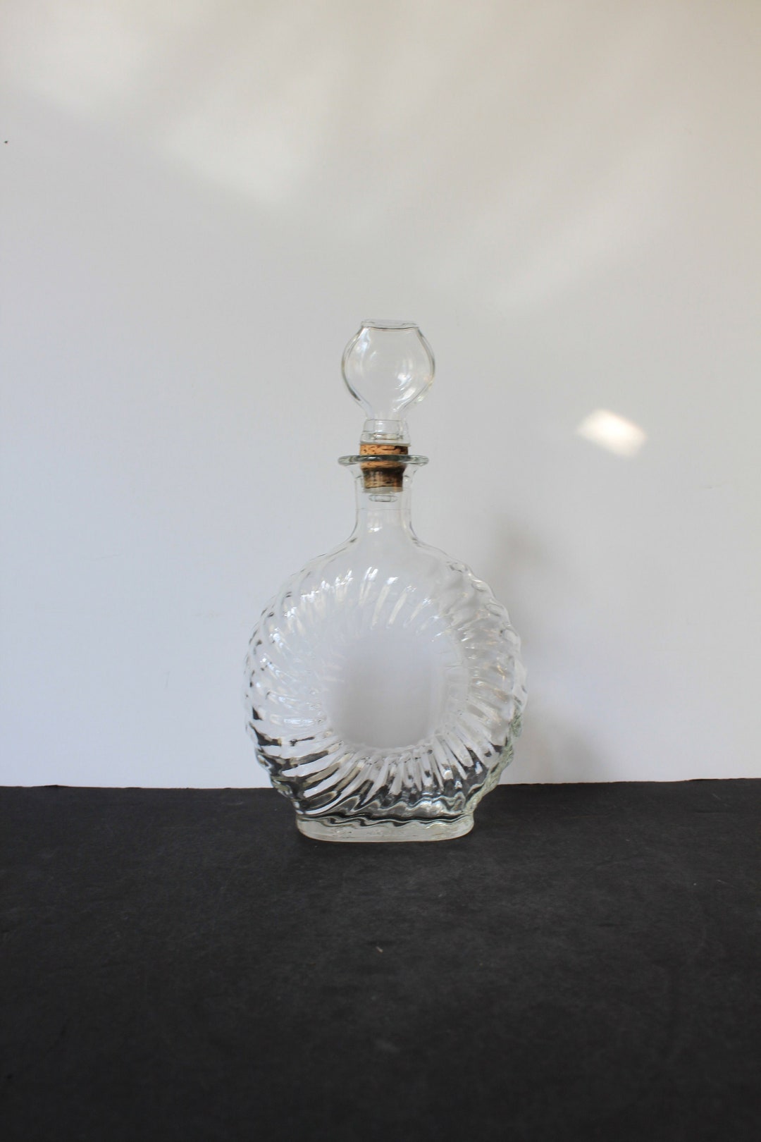 Vintage Glass Alcohol Decanter. Flat Circle, Unique Ripple Designs on