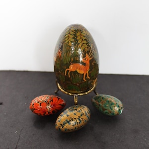 Vintage Hand Painted Wooden Eggs. Deer and Hunter, Large and Three Smalls, Stand, Exotic Grandmacore Mantel Decor, Gift For A Collector.