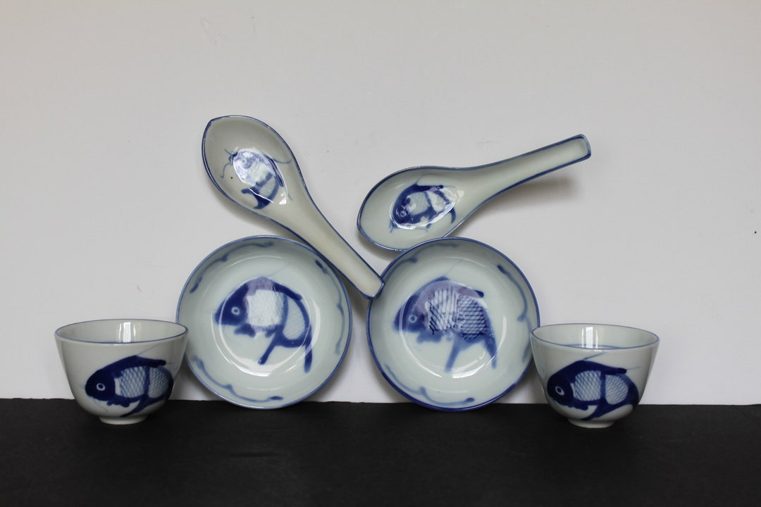 Vintage Blue Koi Fish Dishes. Porcelain Set Hand Painted in Etsy