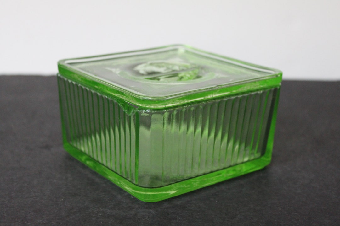 Vintage Green Depression Glass Refrigerator Dish. Square Shape