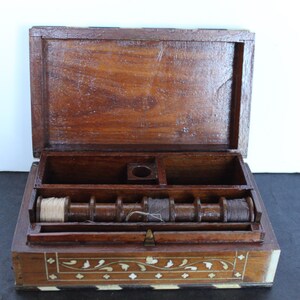 Vintage Inlaid Wood Sewing Box. Latching Clasp, White and Brown, Antique, Spool Holder, Unique, Rare, HTF, Gift For A Collector, Rectangle.