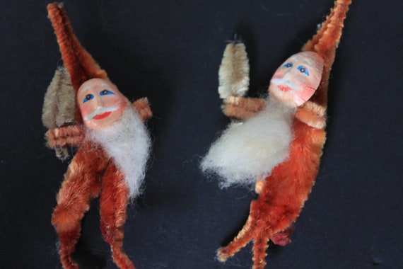 Miniature Gnomes For Vintage Diorama Decor. Made In Japan, 1980s, Pipe Cleaner Elves, Pixies, Imps. Gift For Collector, Cute, Small, Orange.