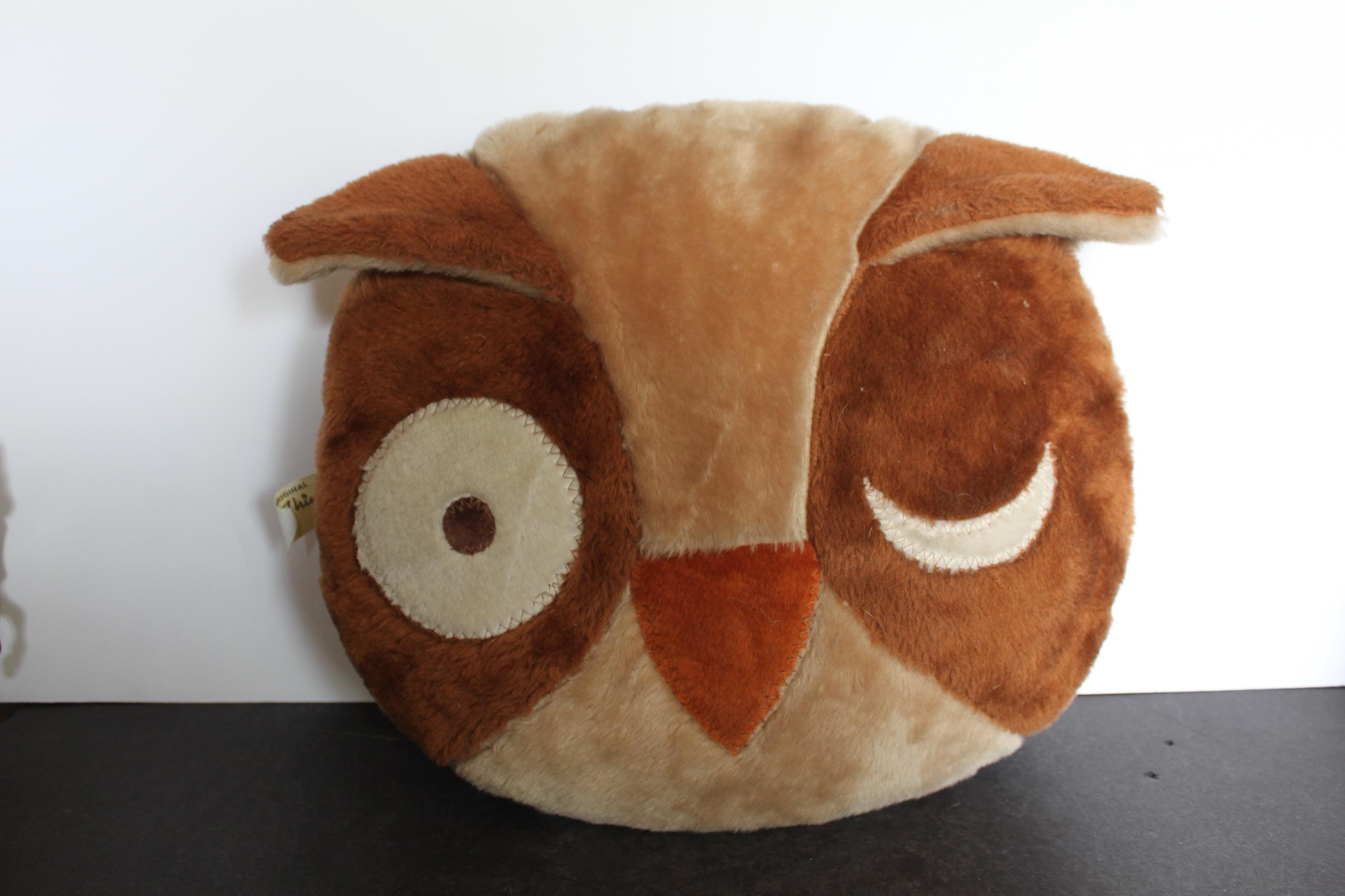 Vintage Stuffed Owl Pillow. An Original Thing by Judd, Original Tags, Winking Owl Face, Kitschy Cute
