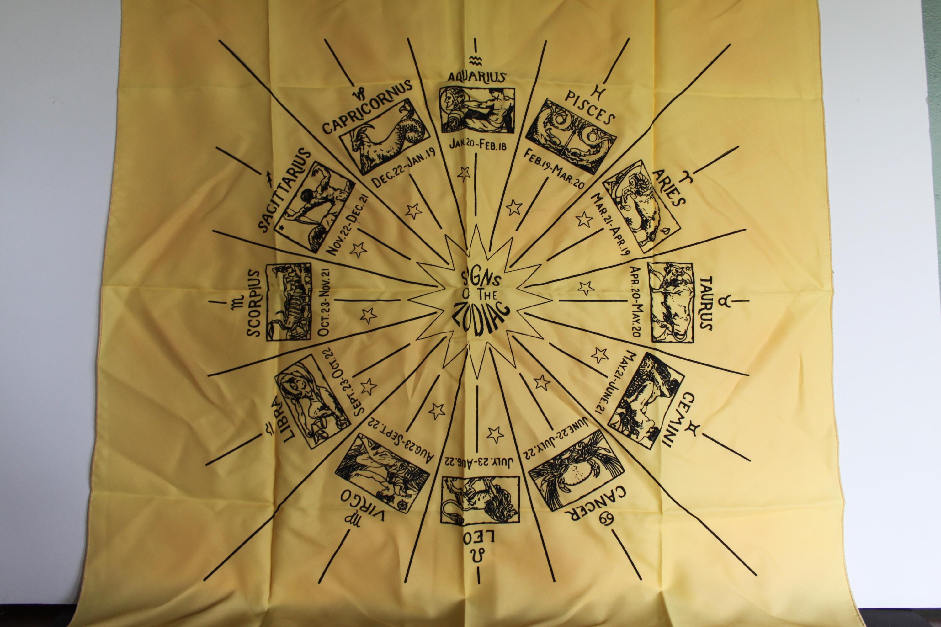 Vintage Zodiac Signs Scarf. Large Square Head Scarf, Yellow With Black Print, Retro Grandmacore Decor, Unique Housewarming, Hostess Gift. - Etsy Vintage Zodiac Signs Scarf. Large Square Head Scarf, Yellow With Black Print, Retro Grandmacore Decor, Unique Housewarming, Hostess Gift. - Etsy