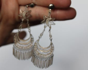 Vintage Crescent Moon and Sun Dangle Screw On Earrings. Silver Tone Metal, Witchy Accessory, Housewarming, Hostess, Gift For A Collector.