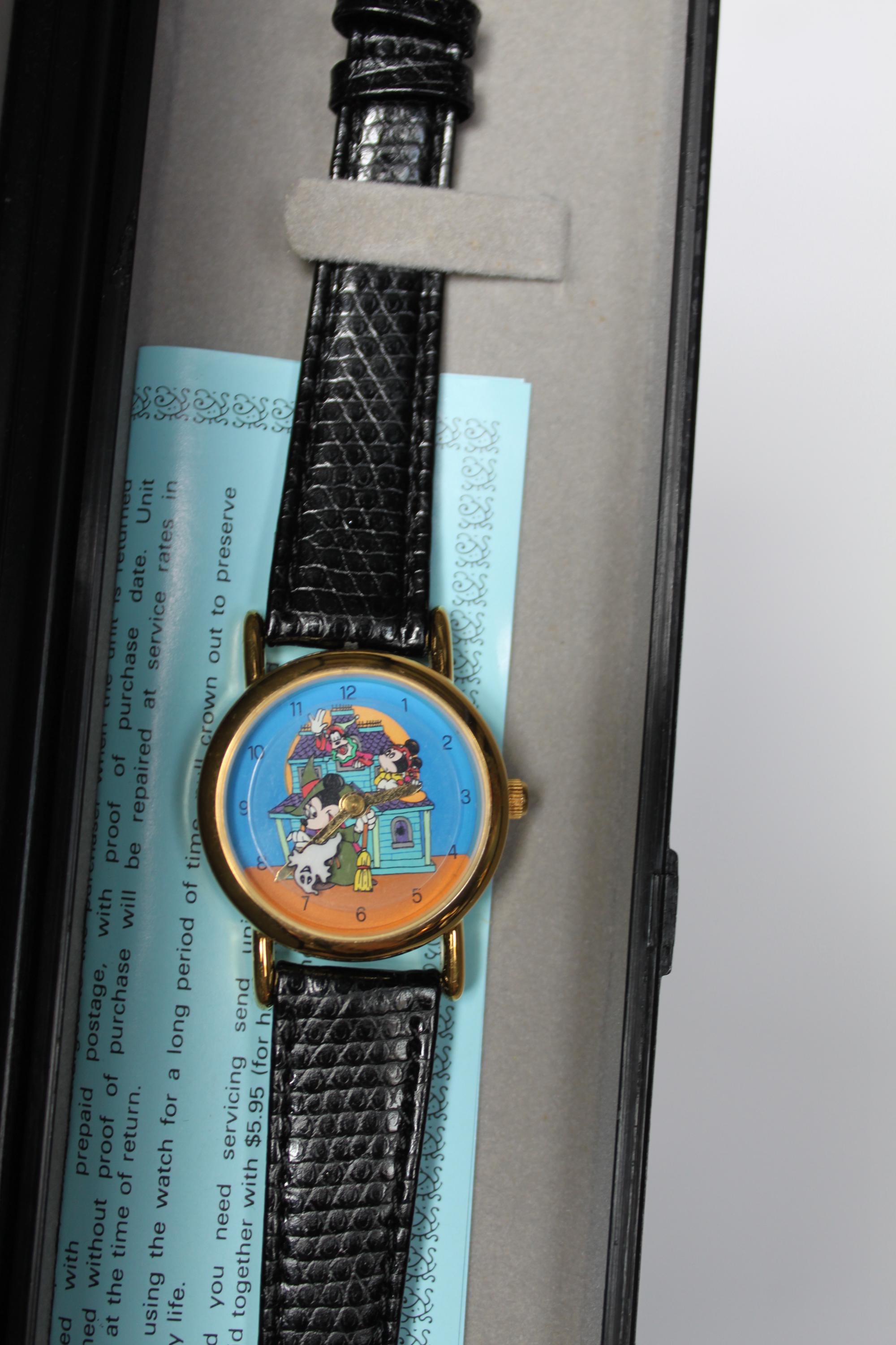 NOS Disney Red, White, & Blue Rhinestone Mickey Watch Denim & Leather Japan Disney, Tokyo Disneyland 10 Year Anniversary Watch w  main image 4