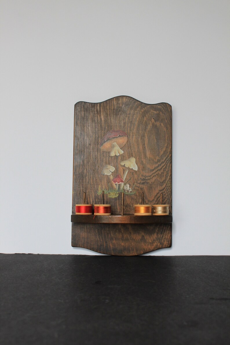 Vintage Mushroom Wall Hanging. Grandmacore Sewing Room Decor, Wooden Thread, Bobbin Holder, Slots For Scissors, Rustic Woodland, Host Gift.