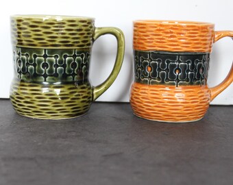 Vintage Green and Orange Ceramic Mugs. Made In Japan, Basket Weave Pattern, Retro Grandmacore Kitchen Decor, Unique Hostess Gift.