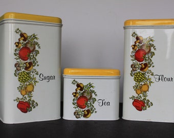 Vintage Cheinco Tin Canister Set. Rustic Vegetables, Mushroom, Onion, Tomato, Herbs, Grandmacore Kitchen Decor, Housewarming, Hostess Gift.