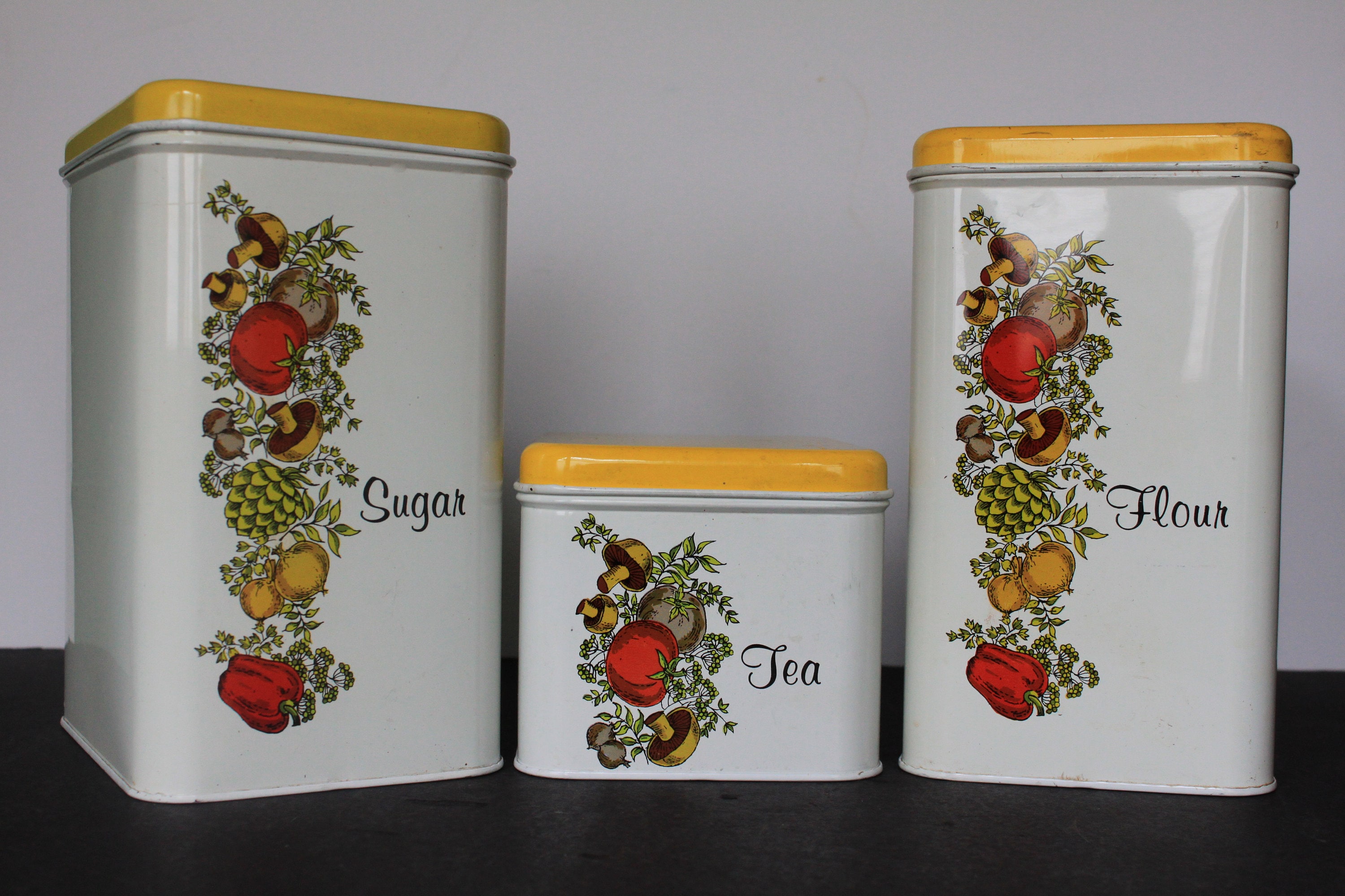 Rare Vintage SPICE OF LIFE Metal Canister Set 4pc Flour Sugar Coffee Tea  corning