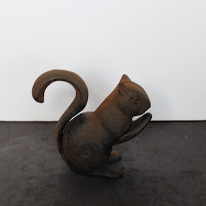 May include: A cast iron squirrel figurine in a sitting pose, with a curved tail and detailed features. The squirrel is a rusty brown color, with a dark base. The figurine is a decorative item.