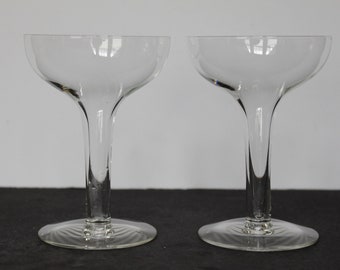 Vintage Clear Glass Champagne Glasses. Set Of 2, Pair, Hollow Stem, Mid Century Modern Glassware, Grandmacore Housewarming, Hostess Gift.