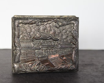 Vintage Dragon Oriental Jewelry Box. Trinket Box, Wooden Lining, Ornate Repousse, Village Scene, Exotic Grandmacore Vanity Decor, Gift.