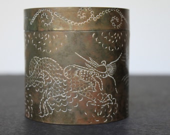 Vintage Brass Dragon Trinket Box. Small Circle Box With Lid, Embossed/Etched Dragons, Oriental, Asian Mantel Decor, Grandmacore Housewarming