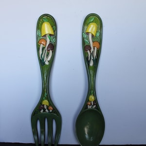 Vintage Mushroom Large Spoon and Fork Ceramic Wall Hangings. Arnels, Hobbyist Set, MINT Condition, Cottagecore Kitchen Decor, Host Gift.