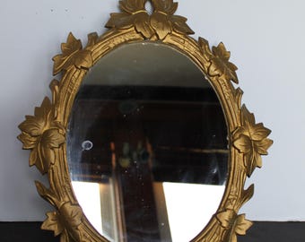 Vintage Gold Metal Leaf Mirror. Oval Shape, Large Size, Iron Art, Gilded, Hollywood Regency, Bougie Grandmacore Entry Decor, Hostess Gift.