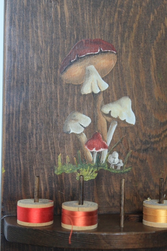 Vintage Mushroom Wall Hanging. Grandmacore Sewing Room Decor, Wooden Thread, Bobbin Holder, Slots For Scissors, Rustic Woodland, Host Gift.