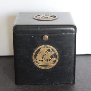 Vintage Sailing Ship Cigarette Box. Wood, Black Lacquer and Brass, Tobacco Box, Presenter, Nautical Grandmacore Decor, Study, Office, RARE.