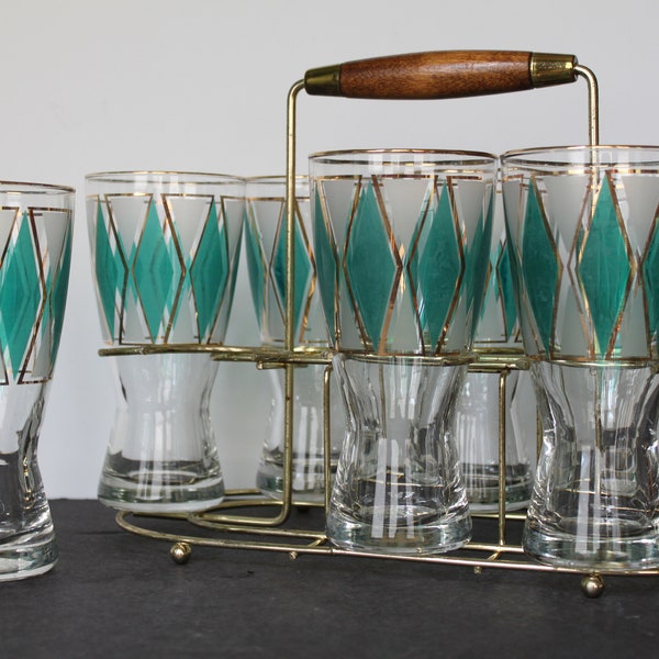 Vintage Libbey Atomic Pilsner Beer Glasses. Set Of 7 In Original Holder, Teal Diamonds, Gold Accents, Mid Century Modern Bar Ware, Hostess.