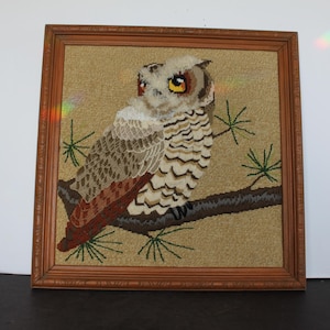 May include: Framed tapestry featuring a detailed owl perched on a branch. The owl has brown, white, and tan feathers, with yellow eyes. The artwork is set against a tan background and framed in a brown wooden frame, creating a rustic aesthetic.
