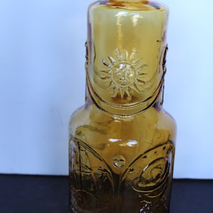 Vintage Amber Glass Nautical Vase. Raised Designs, Sailing Ship, Globe, Compass, Sun, Grandmacore Mantel Decor, Housewarming, Host Gift.