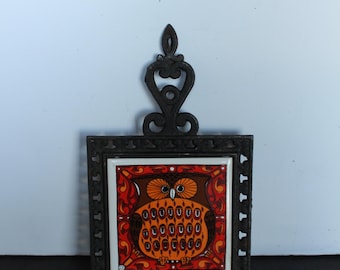 Vintage Owl Trivet. Holt Howard, Red and Orange, Ceramic and Cast Iron, Rustic Cottagecore Kitchen Decor, Housewarming, Hostess Gift.