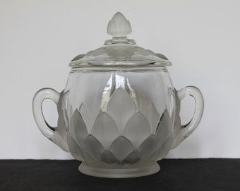 Dragon Scale Glass Jar For Vintage Mystical Mantel Decor. Candy Dish With Lid, Double Handle, Clear Glass With Frosted Scale Pattern, Host.