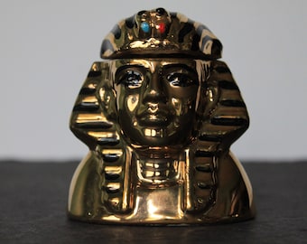 Vintage King Tut Whiskey Bottle. Michters, 1978, Gold Plated Ceramic Bottle, Egyptian Collector Gift, Exotic & Unique Grandmacore Decor Gift