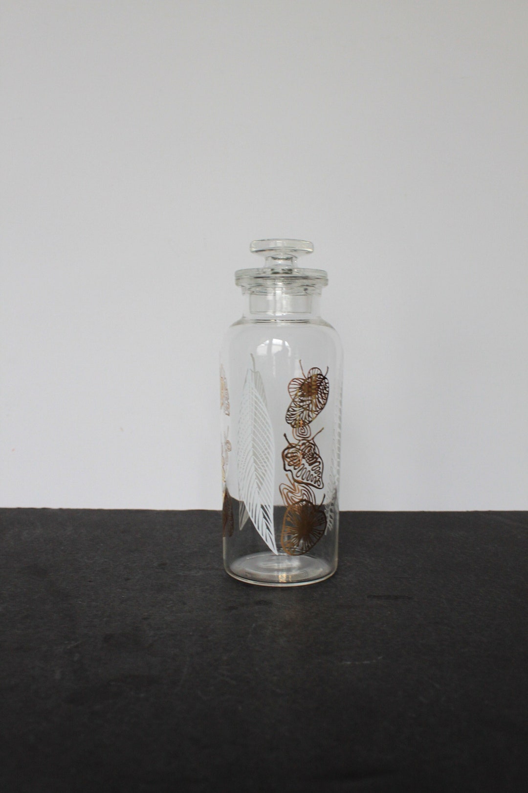 Vintage Glass Apothecary Jar. White & Gold Tropical Leaves Etsy